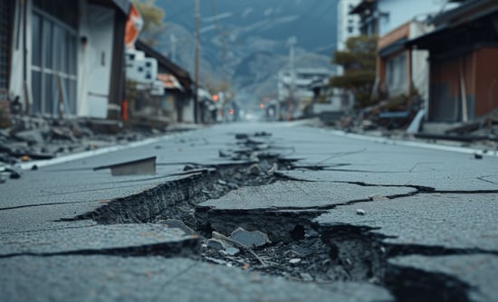 自然災害による大きな穴が開いて塞がれた道