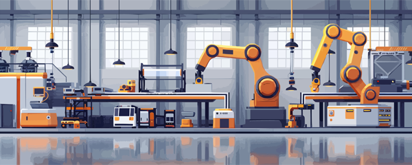 近代的工場におけるロボットアームによる製造工程