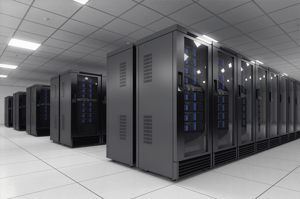 データセンター内のサーバーラックの列