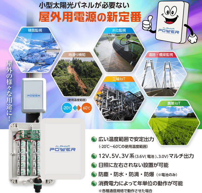  小型太陽光パネルなどの発電設備を使わず電力を安定供給する屋外用電源BOXアルフィオパワーの仕様