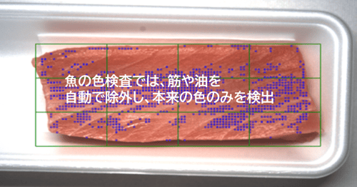 魚の色検査では、自動で筋や油を除外し、本来の色のみを検出することができるイメージ