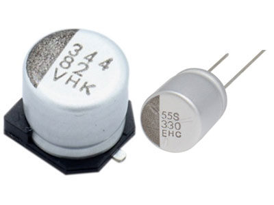 日本ケミコン株式会社のチップ形(344 82 vhk)・リード形(55s 330 ehg)導電性高分子ハイブリッドアルミ電解コンデンサ