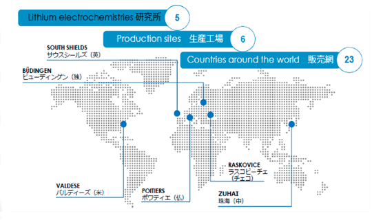 小型リチウム電池の主な生産拠点を示した世界地図 小型リチウム電池の主な生産拠点を示した世界地図